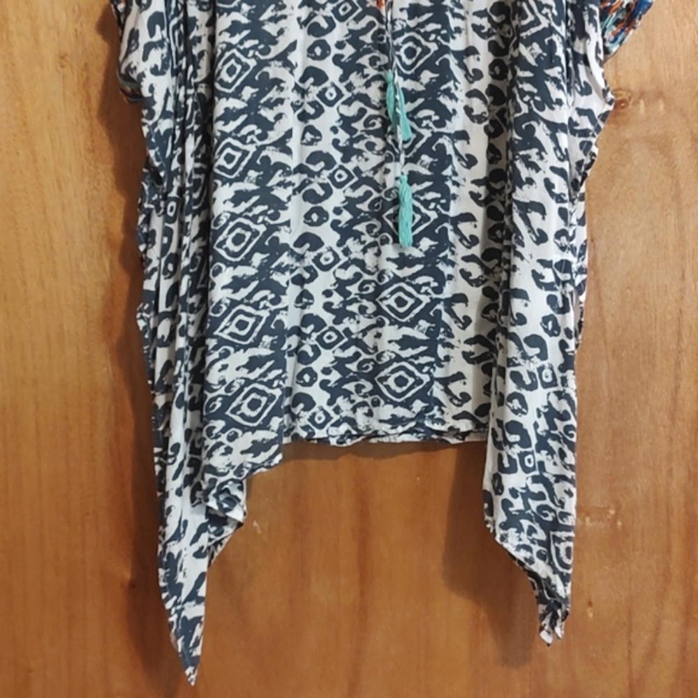 ZL Europe Boho Ikat Kimono Blouse Blue White Embroidered Lace-Up Tassels OS/2X - Picture 3 of 13